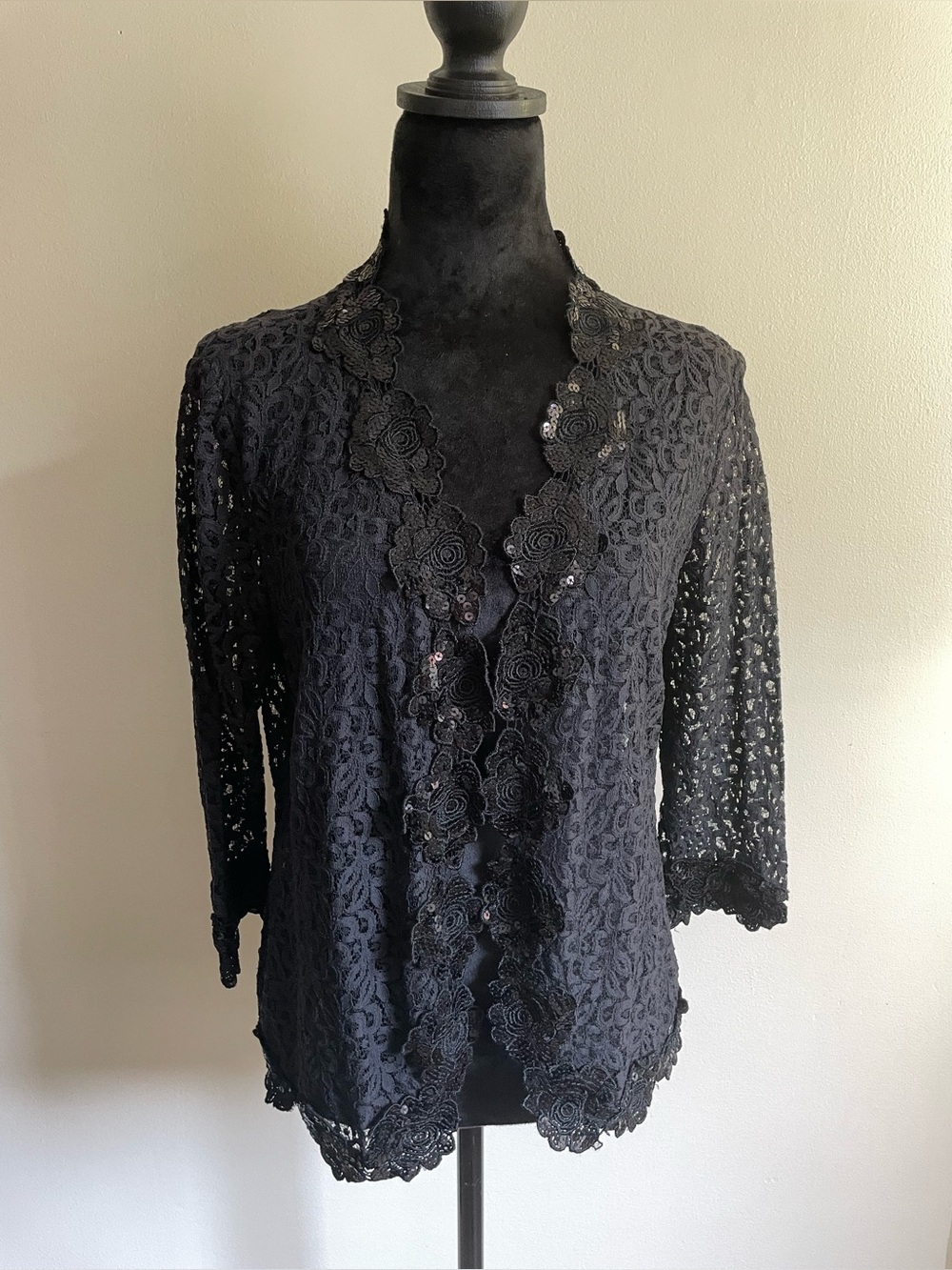 Amanda Collection Black Lace Sequin Open Front Cardigan Floral M